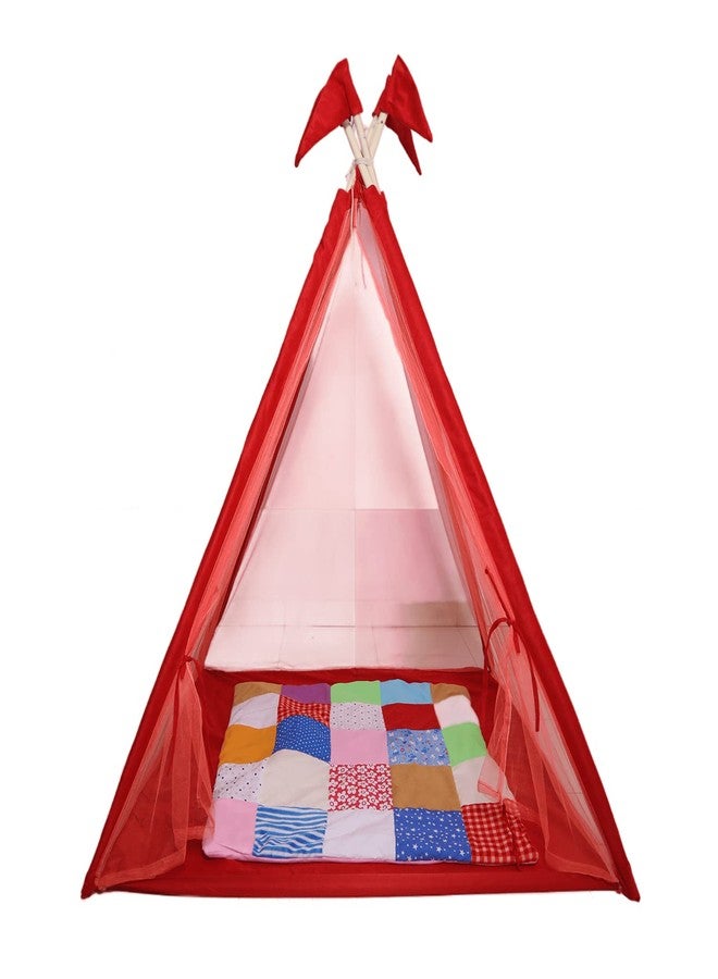 CREATIVE TEXTILES Tent house for kids Teepee Play Tent for Kids, Portable Teepee Flag House for Boys & Girls, Play House for Indoor & Outdoor with Mat (Red & Pink) - Image 1